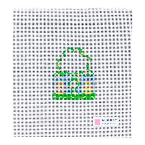 Cross-stitched pattern of a Easter basket with eggs on a white background