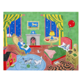 Colorful needlepoint canvas with a child's room scene featuring a fireplace, bed, and toys.