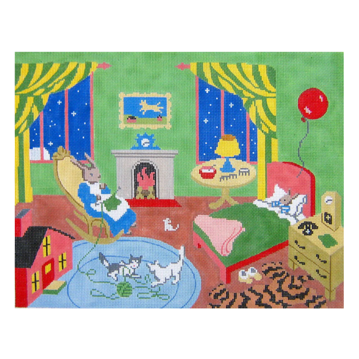 Colorful needlepoint canvas with a child's room scene featuring a fireplace, bed, and toys.