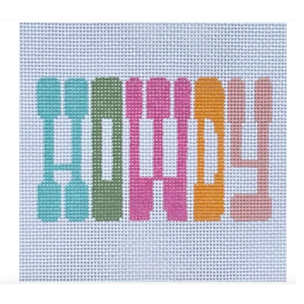 Colorful Howdy saying made up of various colors on a white background.
